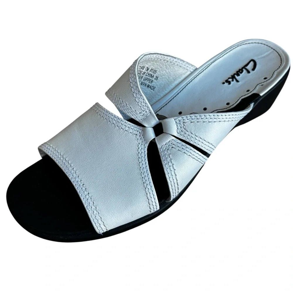Clarks Women's White Leather Slide Sandals Open Toe 7
